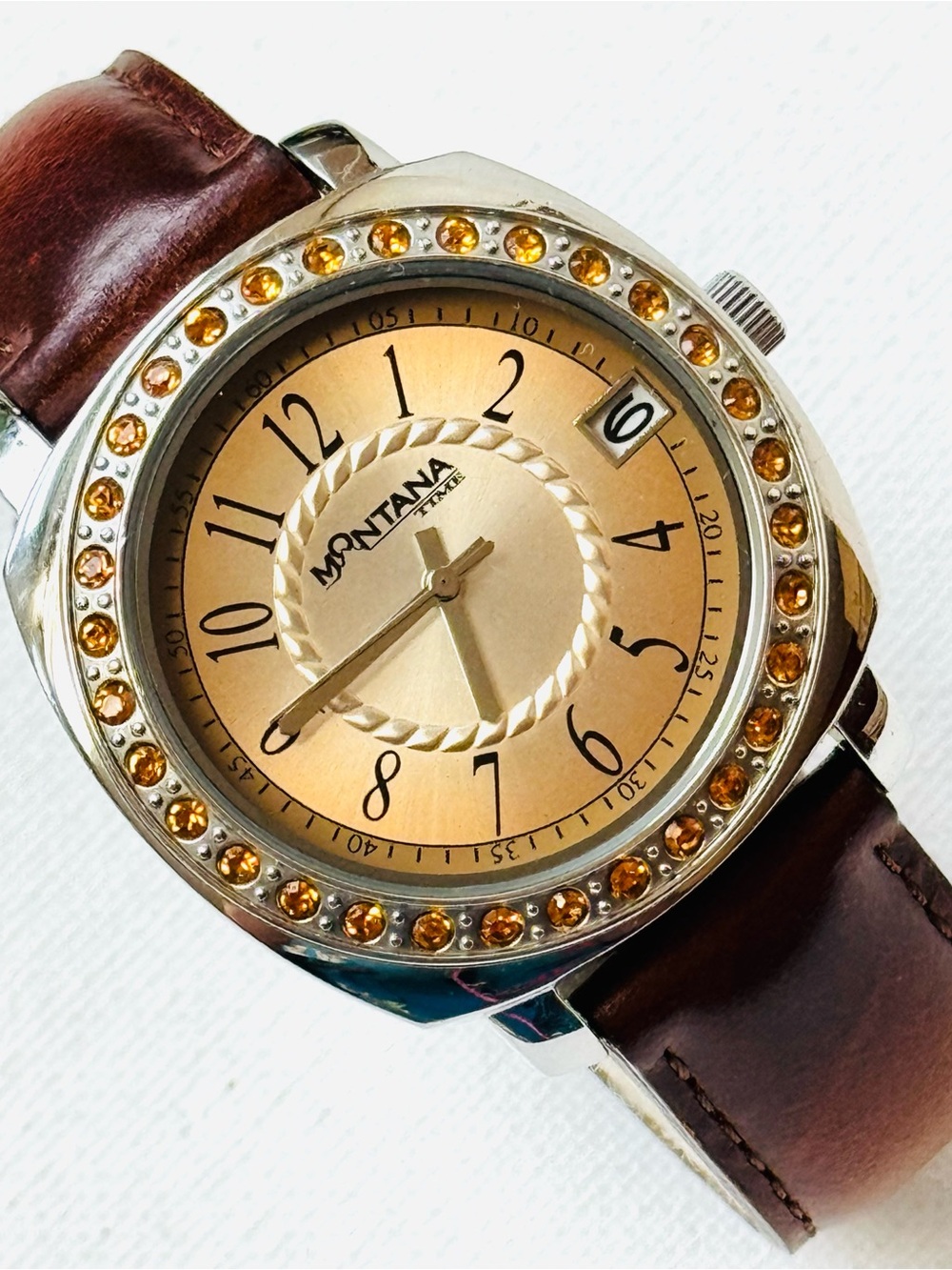 Montana Time Women's Crystal Bezel Date Watch Silver Brown Leather X1383TZ